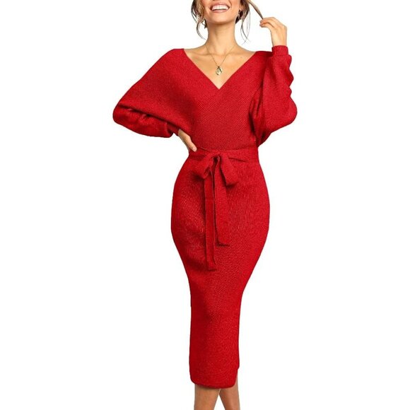 Dresses & Skirts - Women's Long Maxi Sweater Dress V Neck Slit Open Bodycon Dress with Belt Red